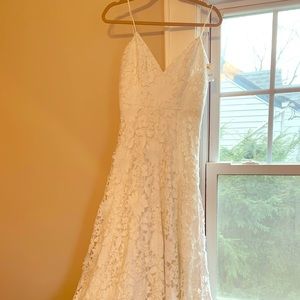 White chapel train wedding dress
